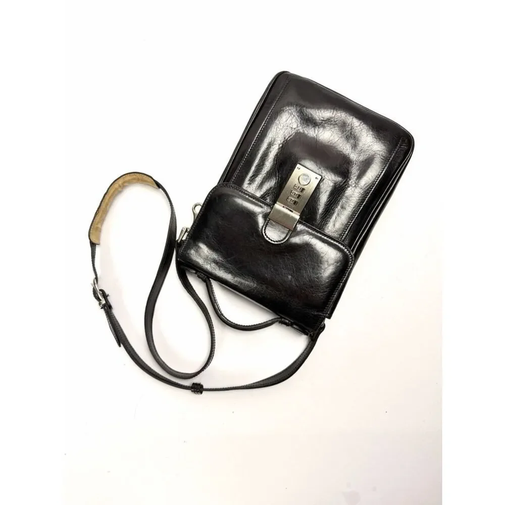 L.A.P.A. Florence Black Leather Vertical Briefcase  Italy Combination Lock